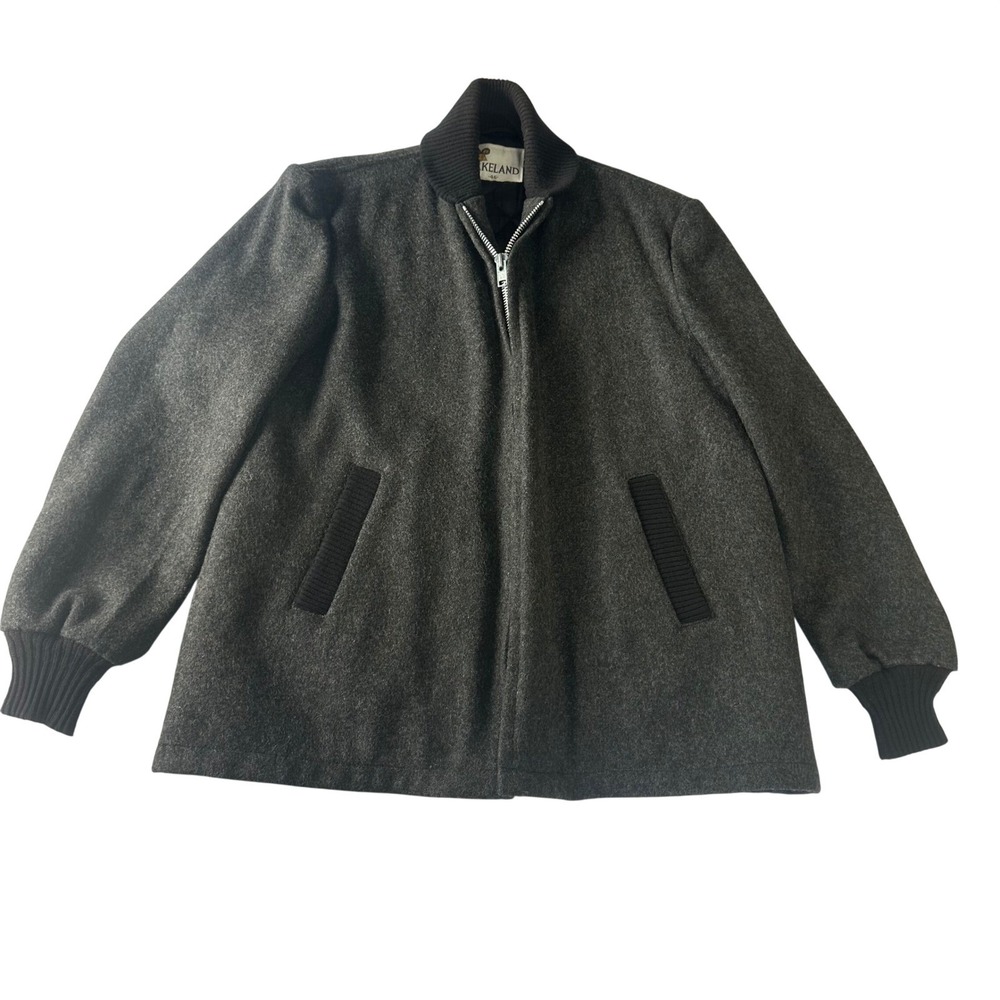 Vintage Lakeland Wool Blend Zip Up Jacket Gray Ribbed Knit Trim Men 46 Large